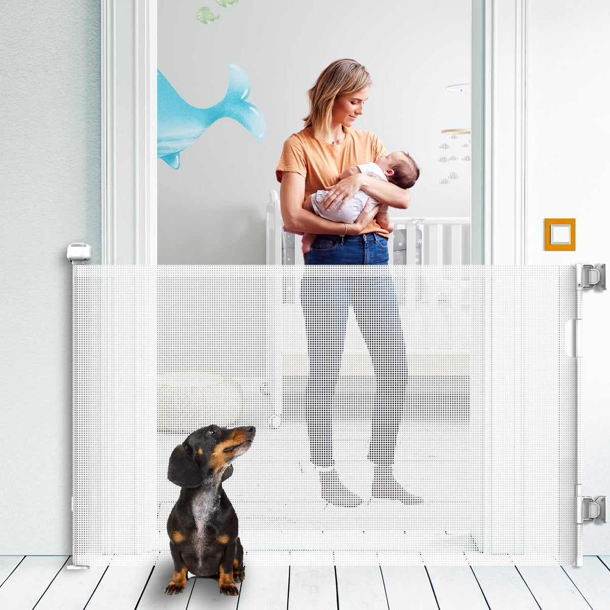 Kyxain retractable gate extended on stairs keeps kids and pets safe.