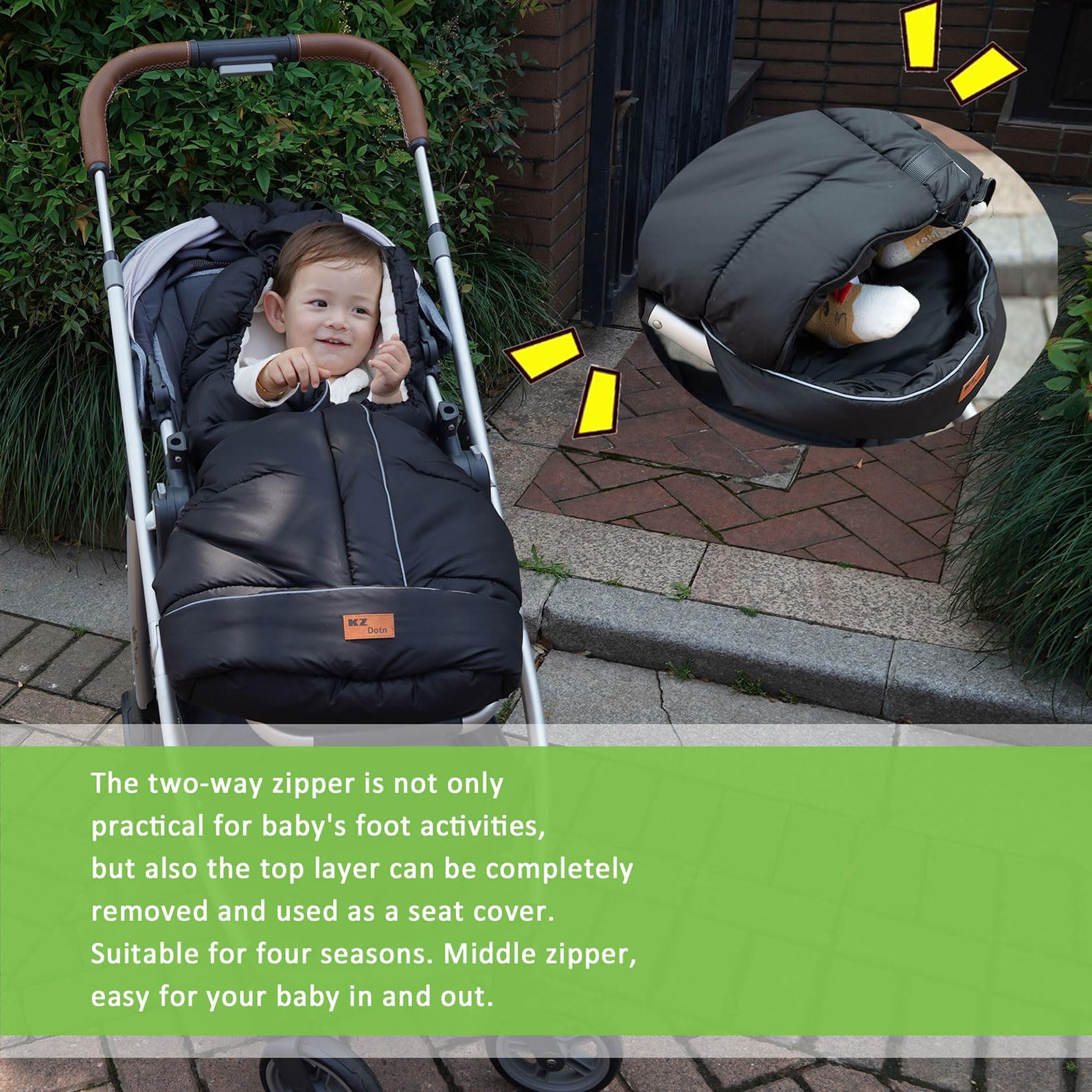 KZ Dotnz adjustable hood guards baby from wind and cold.