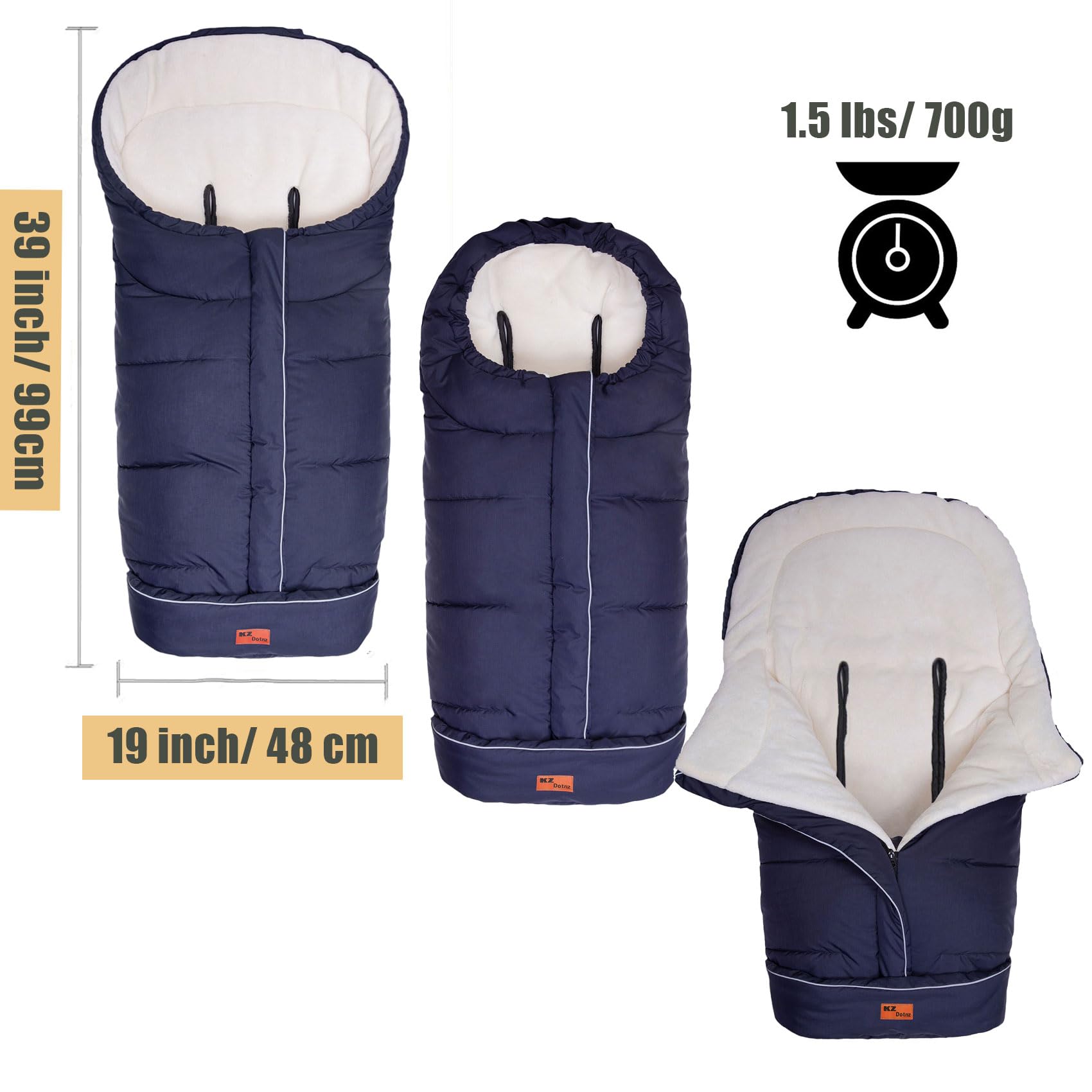 KZ Dotnz stroller footmuff central zipper allows easy in and out for baby.