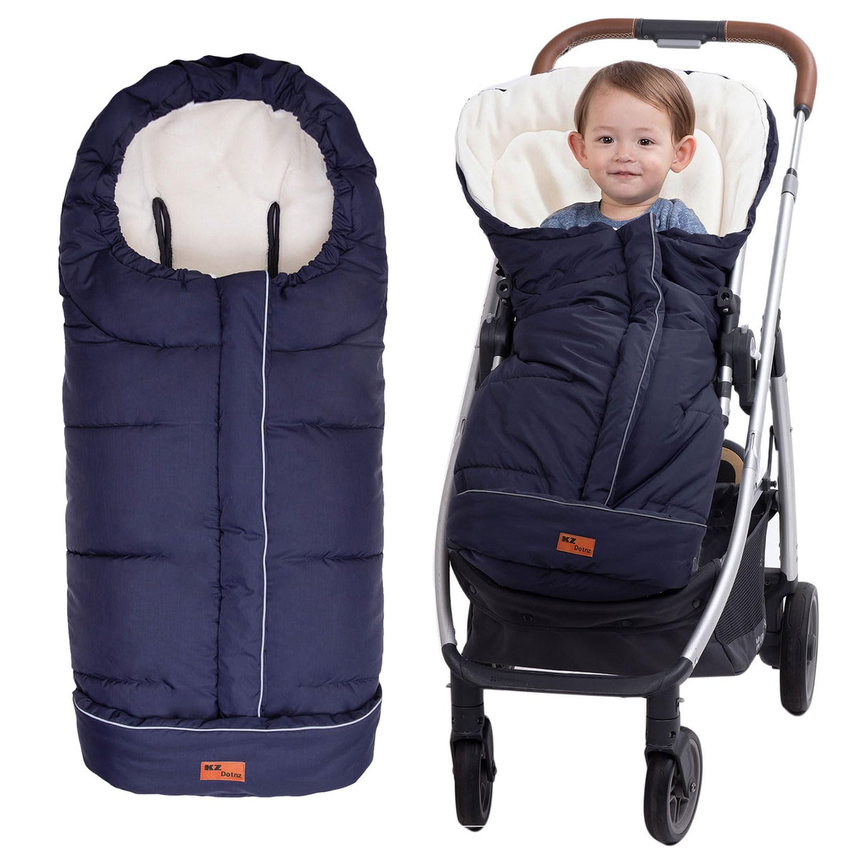 KZ Dotnz stroller footmuff water-repellent shell keeps baby warm on chilly walks.