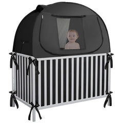 L RUNNZER crib blackout cover assembly shows quick, tool-free setup for secure baby sleep.