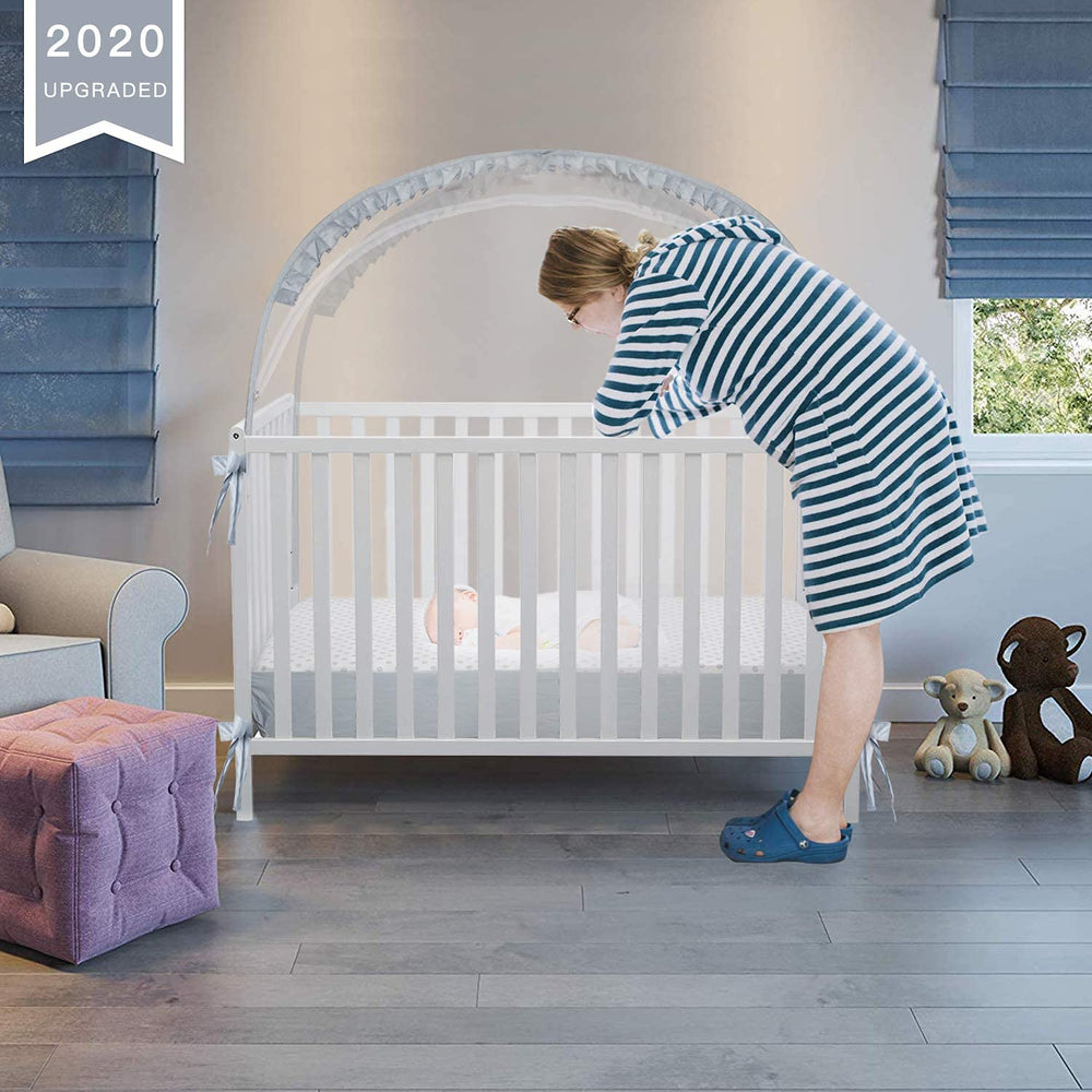 L RUNNZER crib tent fits standard cribs for a safe interior space.