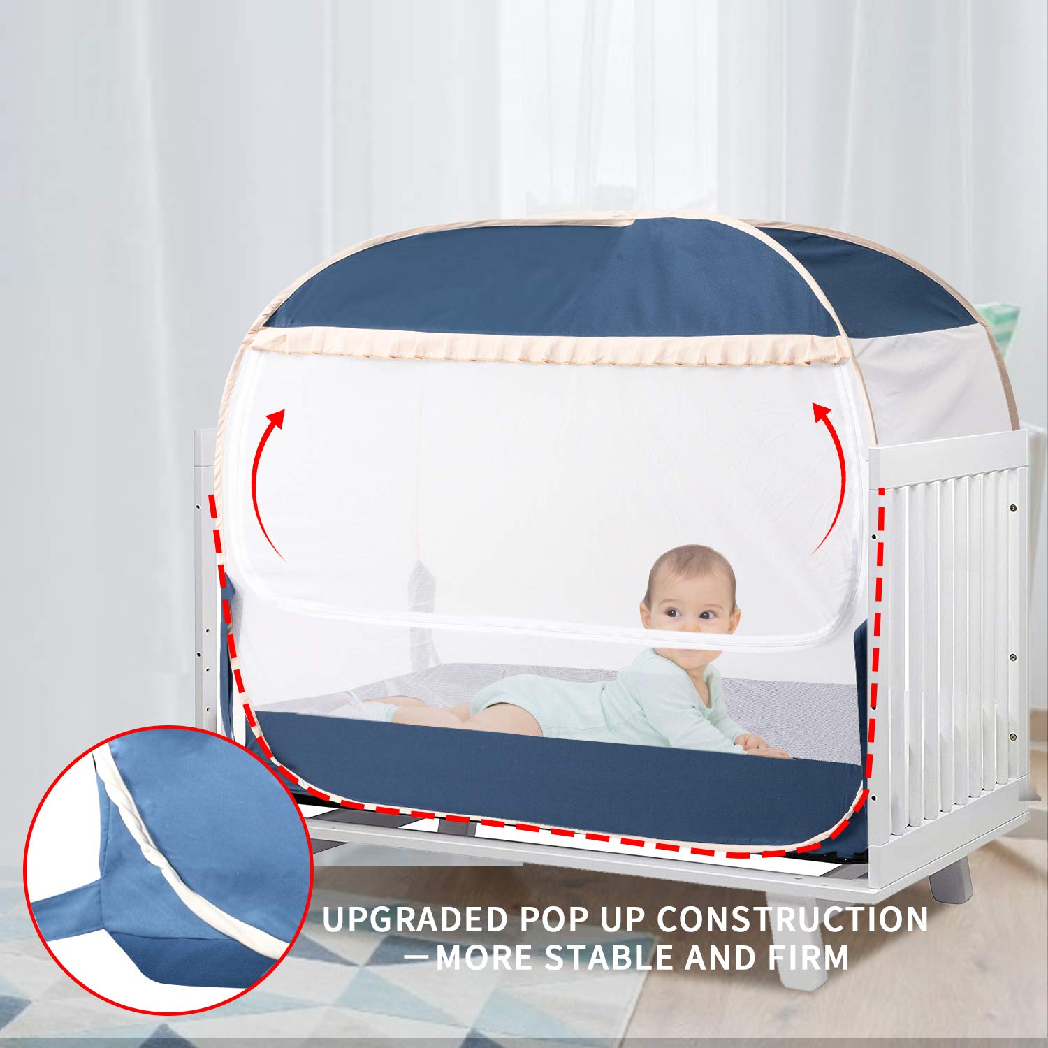 L RUNNZER crib tent inside view highlights secure mesh for baby safety.