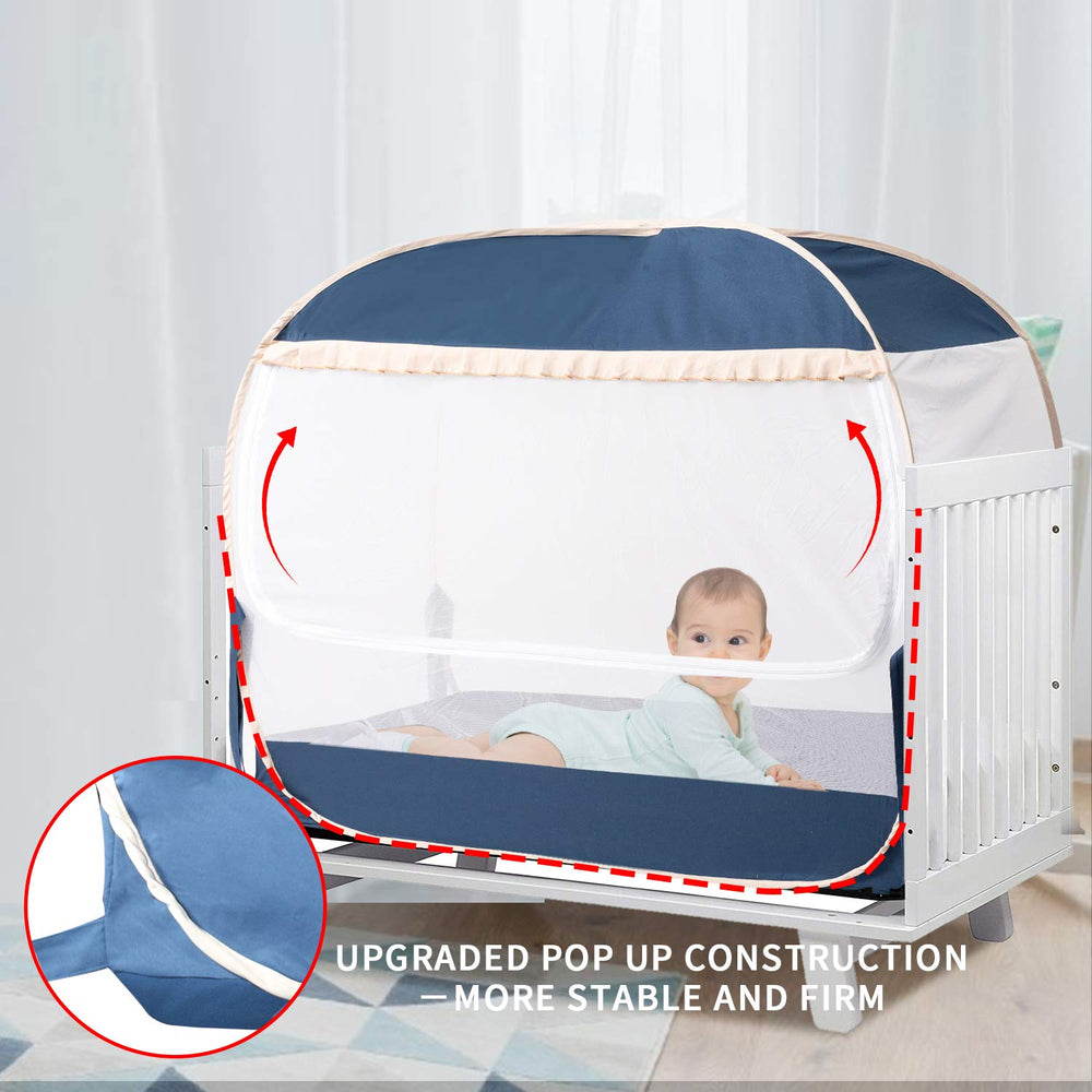 L RUNNZER crib tent inside view highlights secure mesh for baby safety.