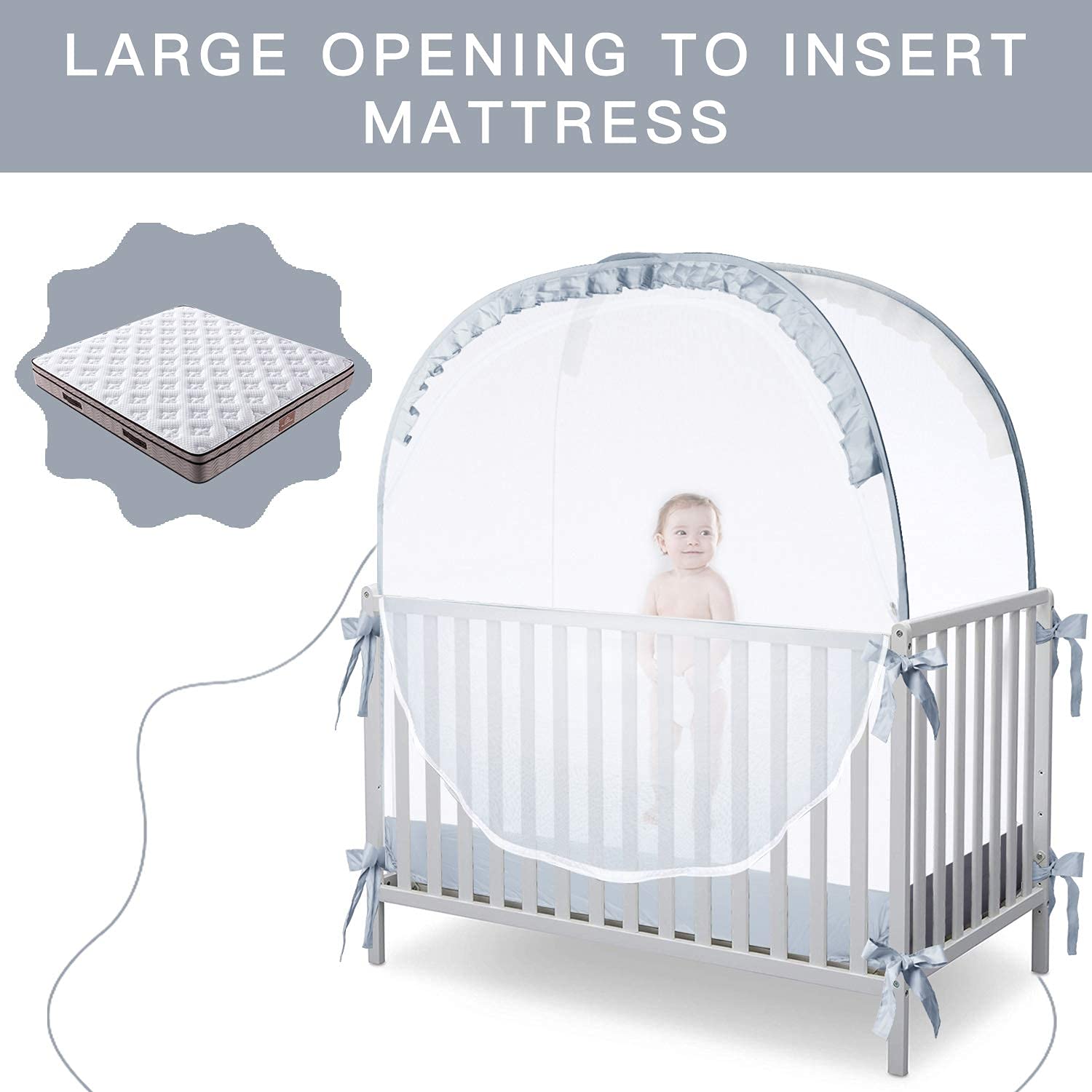 L RUNNZER crib tent large openings for effortless baby in/out.