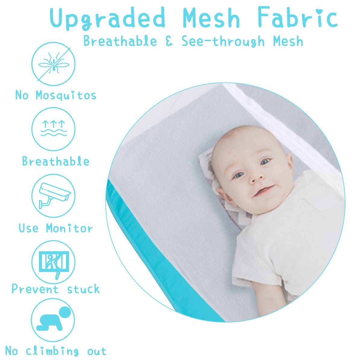 L RUNNZER crib tent mesh detail shows tear-resistant fabric and sturdy frame