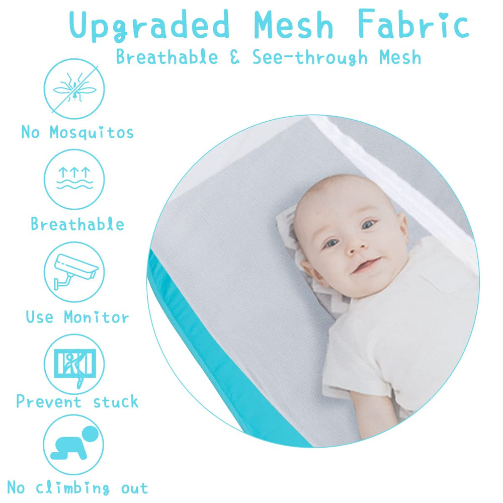 L RUNNZER crib tent mesh detail shows tear-resistant fabric and sturdy frame