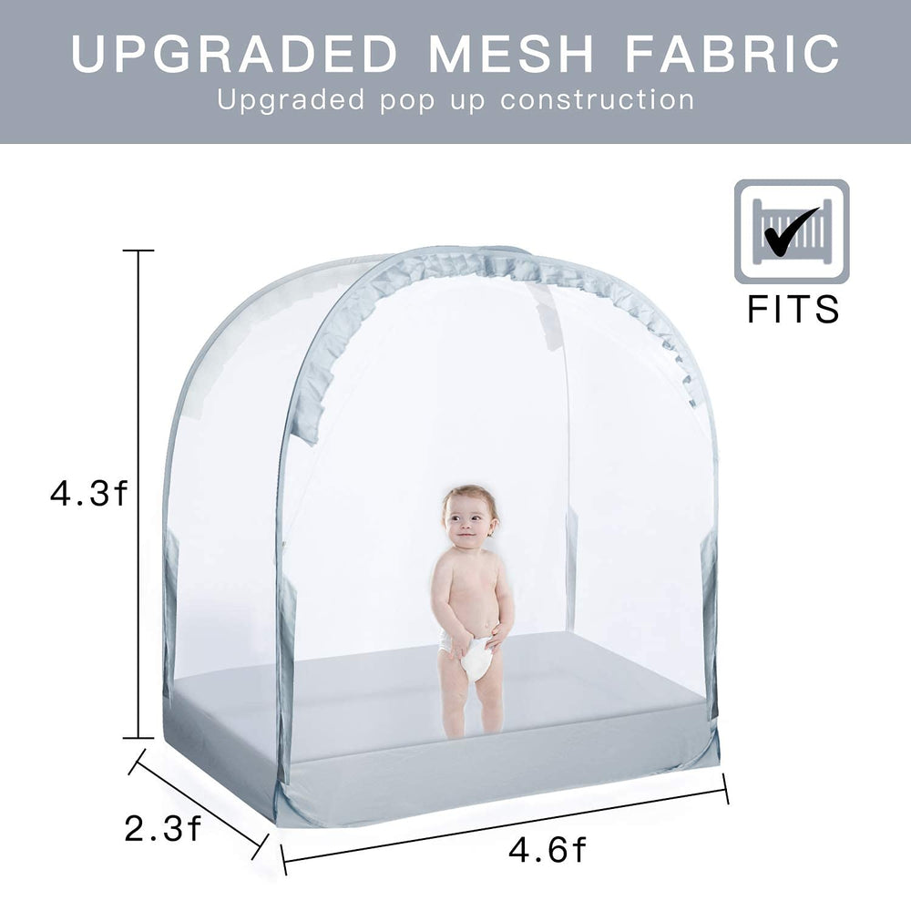 L RUNNZER crib tent pop-up setup shown in seconds.