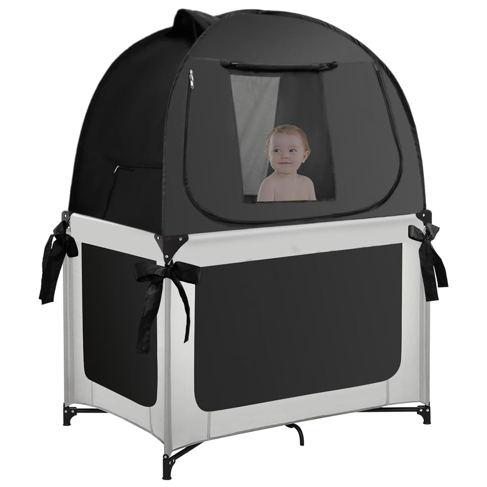 L RUNNZER Pack N Play Cover setup demonstrates quick tool-free installation for on-the-go sleep.