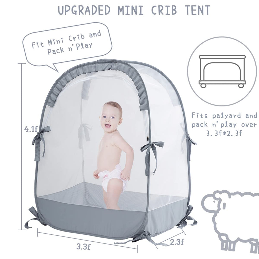 L RUNNZER Pack N Play Tent, mesh visibility for monitoring baby indoors.