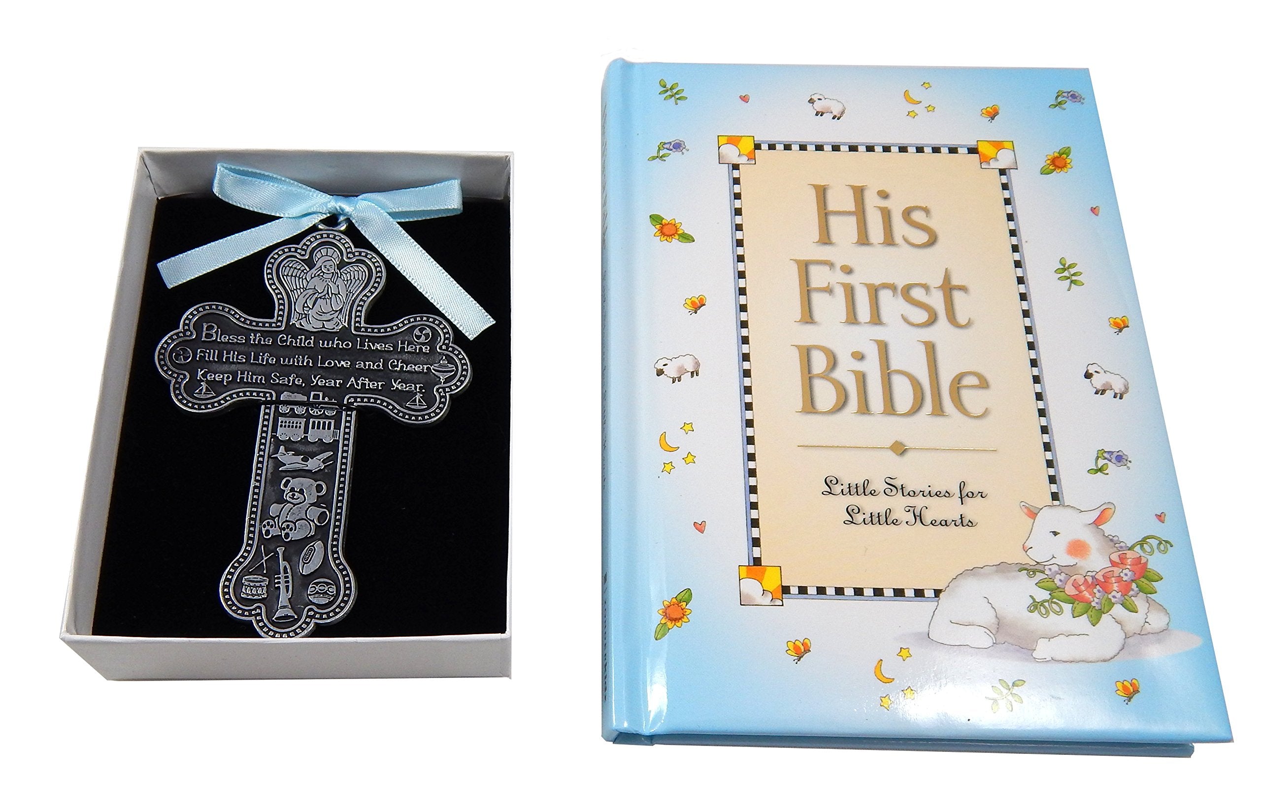L8 Baby Boy First Bible crib cross with guardian angel, a cherished baptism keepsake for the nursery.
