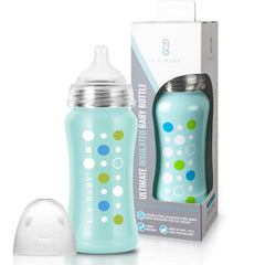 L.A. Baby 9oz bottle close-up shows durable insulated stainless steel for stability