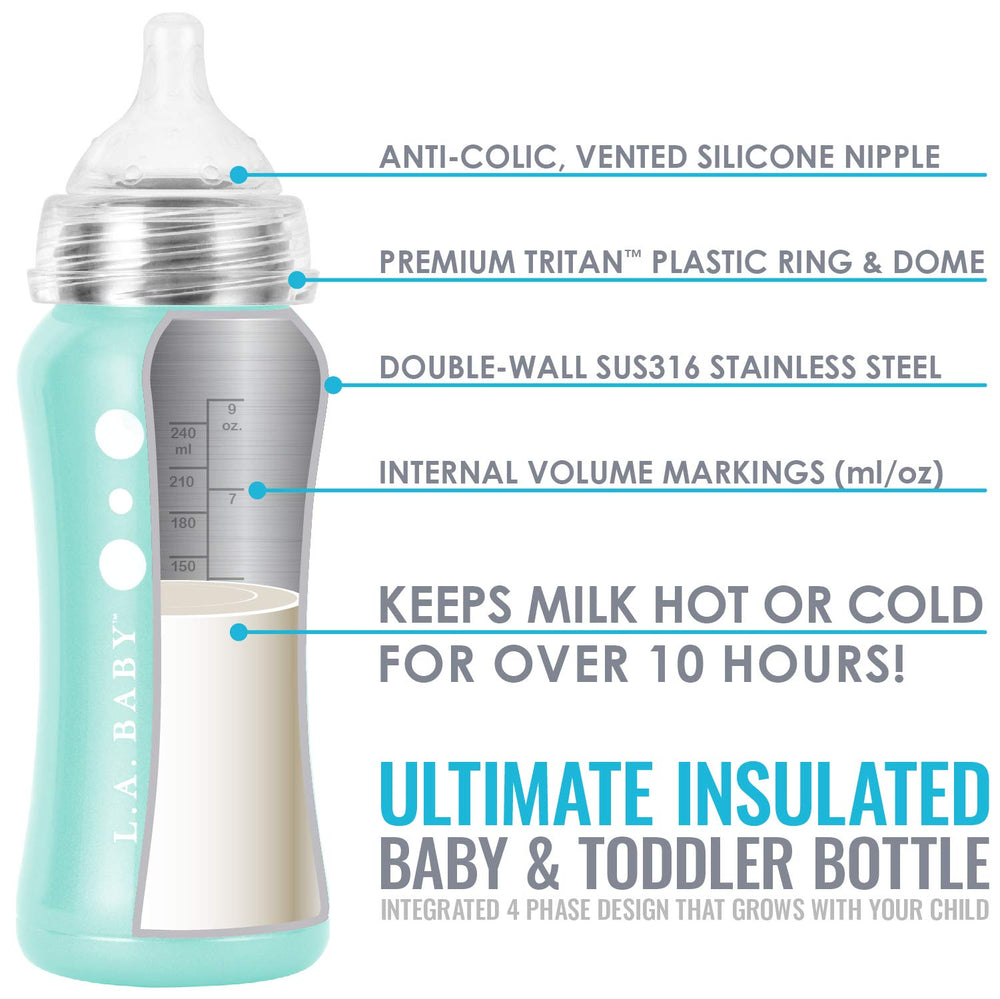 Baby holding the bottle demonstrates ergonomic grip for tiny hands