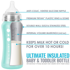 Baby holding the bottle demonstrates ergonomic grip for tiny hands