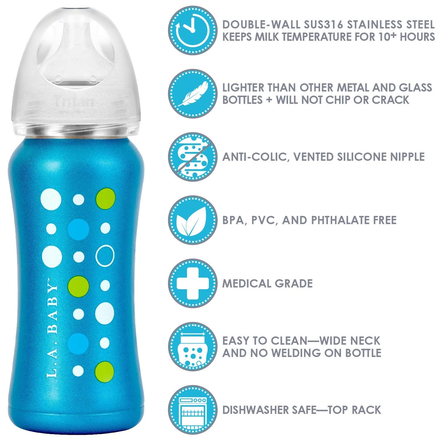 L.A. Baby removable handle helps tiny hands grip securely.