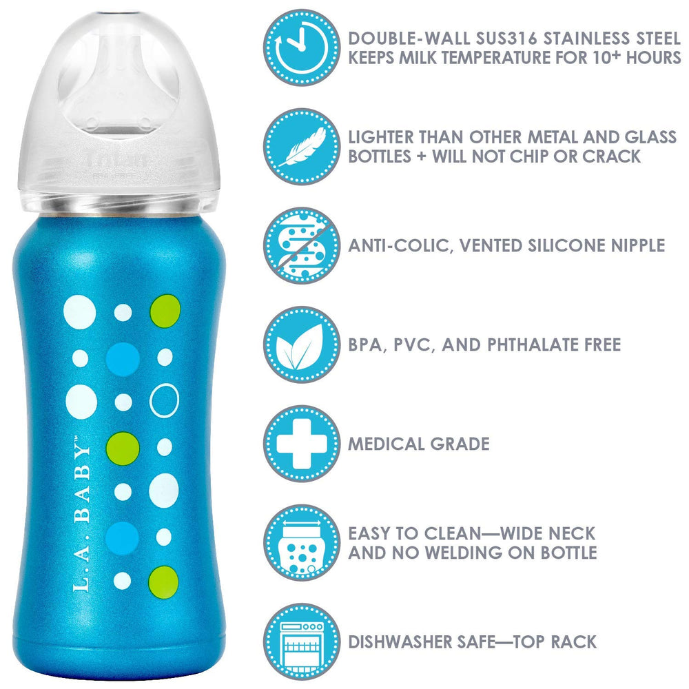 L.A. Baby removable handle helps tiny hands grip securely.