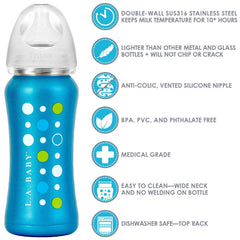 L.A. Baby removable handle helps tiny hands grip securely.