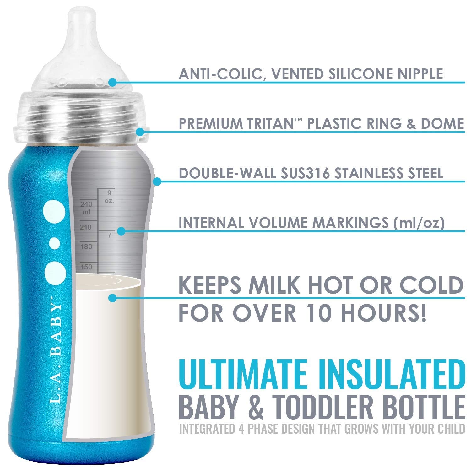 L.A. Baby wide-neck for easy filling and cleaning.