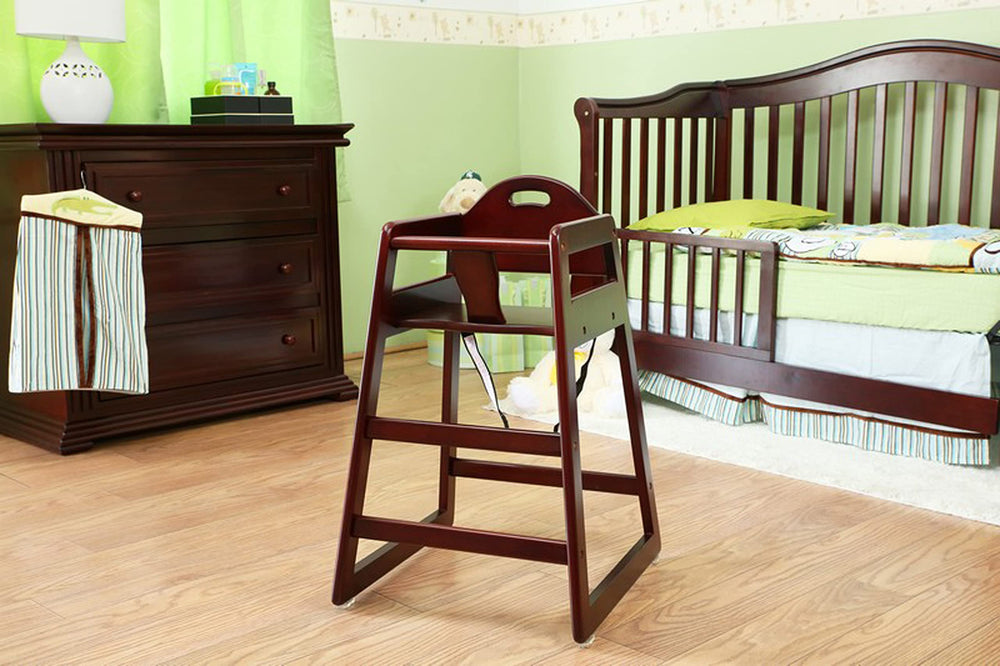 L.A. Baby cherry high chair with easy-clean surface supports quick wipe-downs after meals.