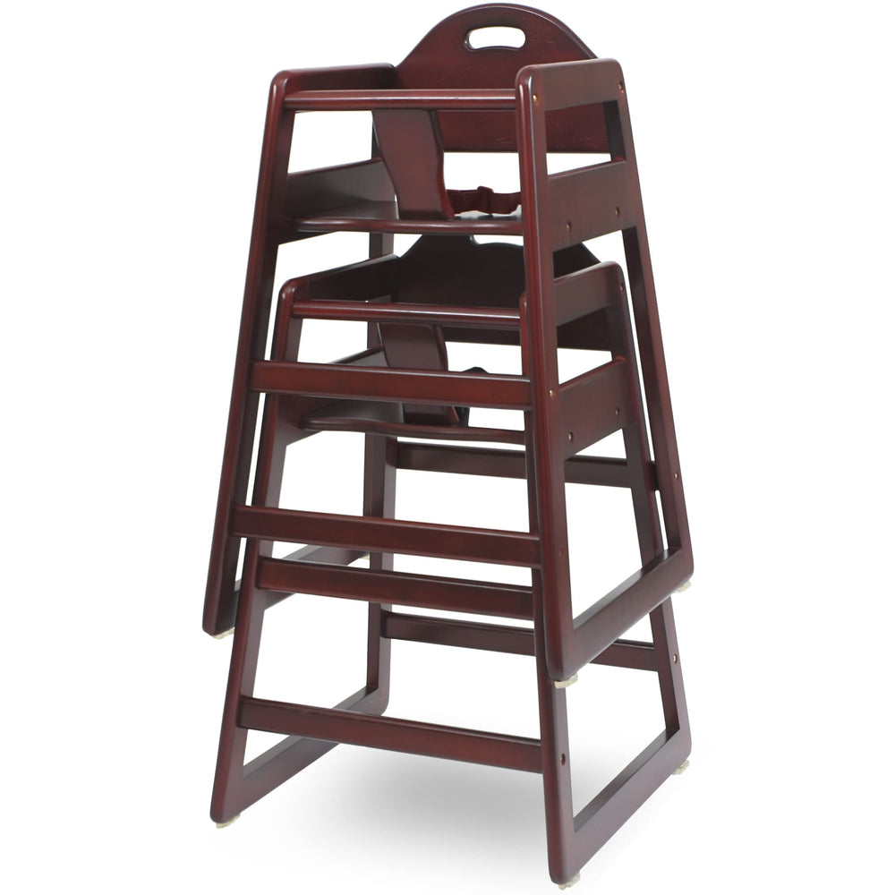 L.A. Baby cherry finish high chair with 3-point harness for safe feeding sessions.