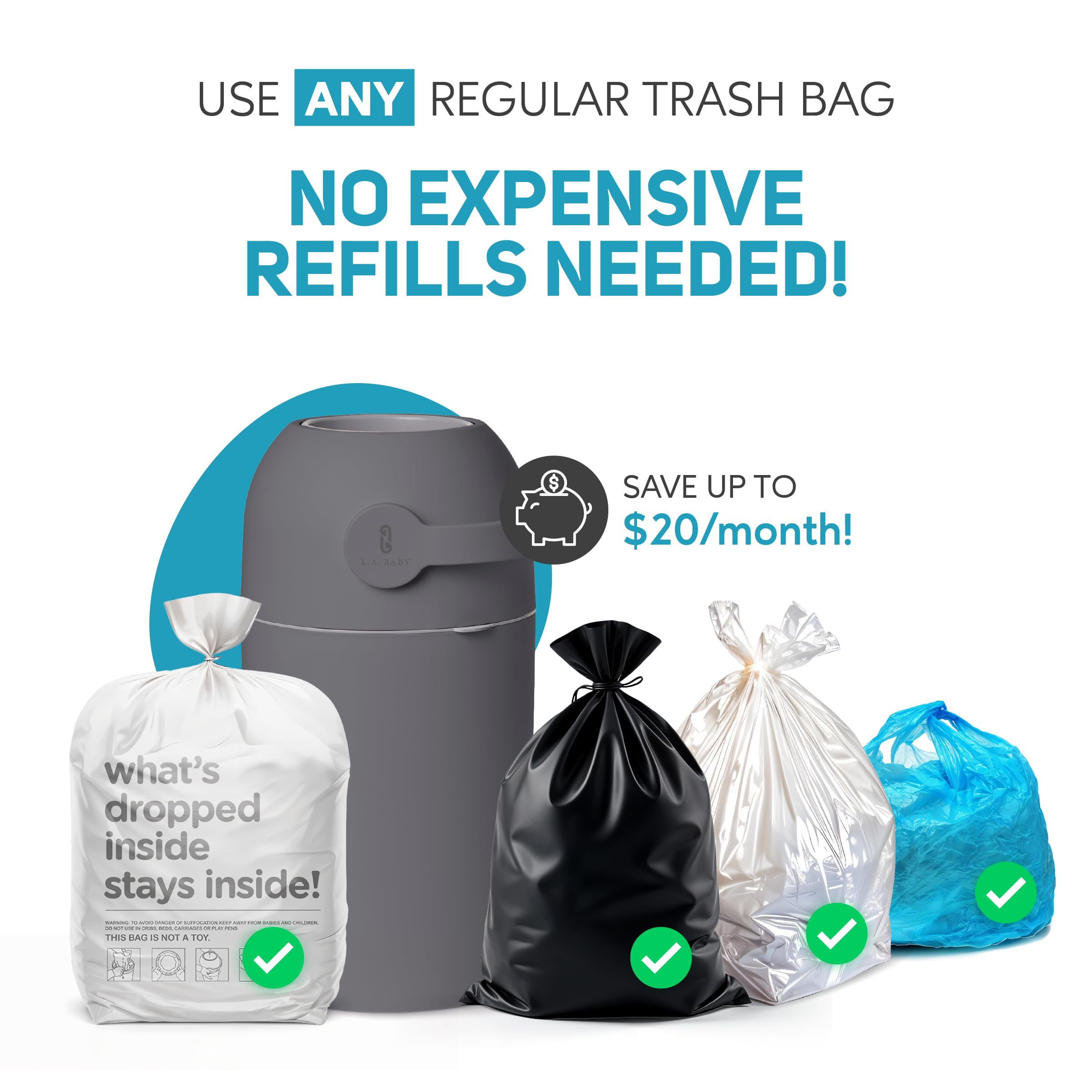 L.A. Baby Magic Diaper Pail starter kit includes 15 free leak-proof bags.