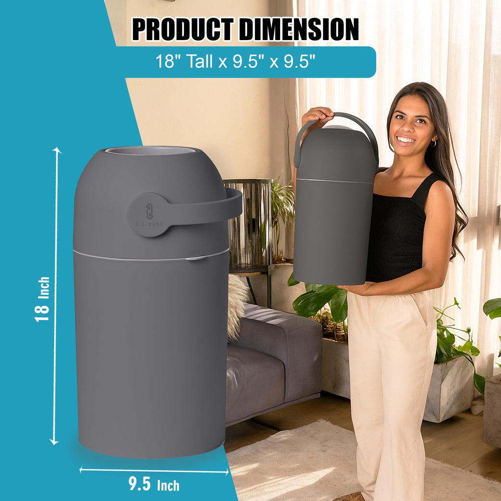L.A. Baby Magic Diaper Pail shows a child-safe lock for worry-free diaper changes.