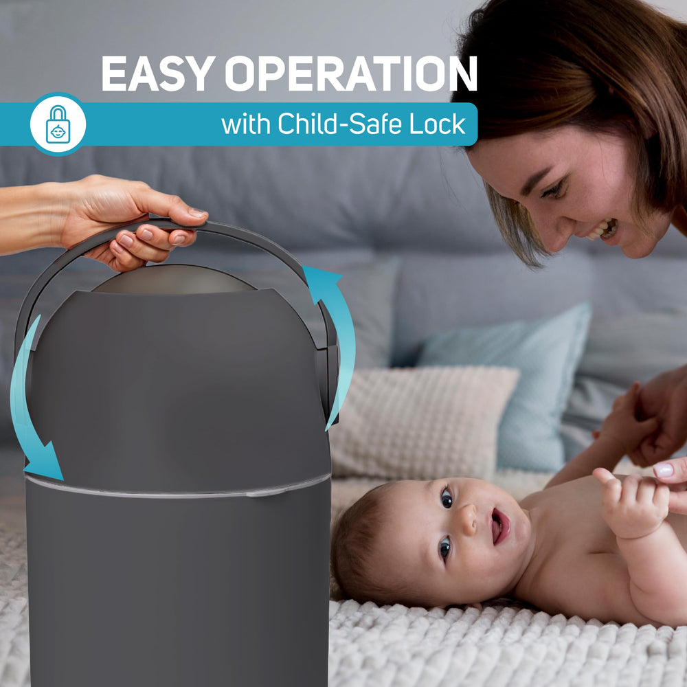 L.A. Baby Magic Diaper Pail gray finish complements nursery decor.