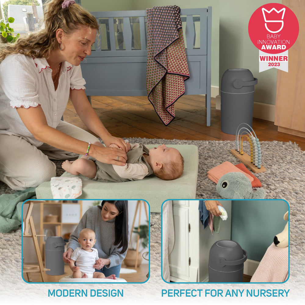 L.A. Baby Magic Diaper Pail large-capacity design reduces emptying frequency.