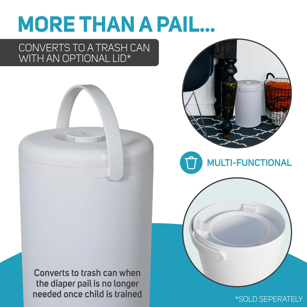 L.A. Baby Magic Diaper Pail optional lid demonstrates conversion to standard trash can.