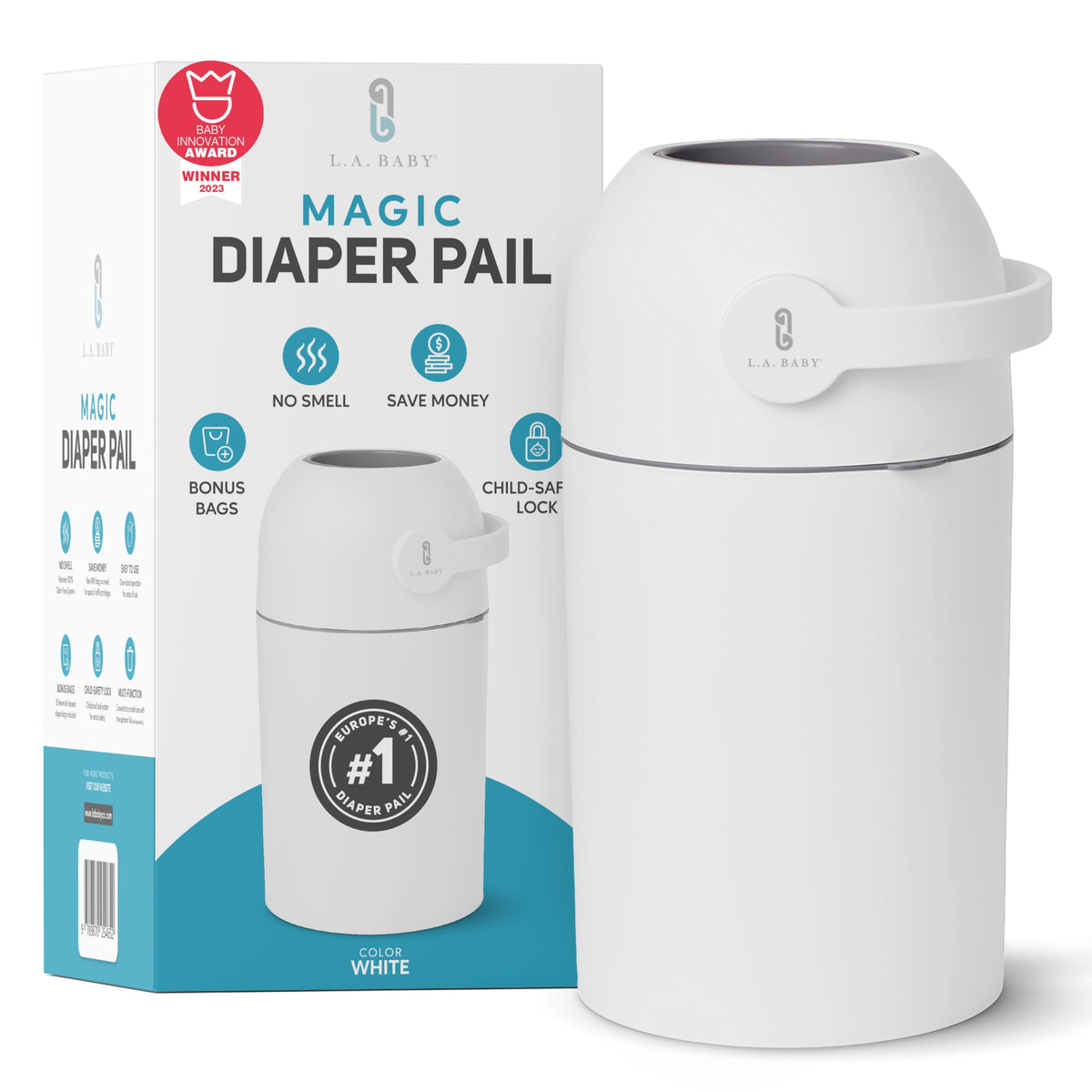 L.A. Baby Magic Diaper Pail with odor-blocking technology keeps nursery odors contained.