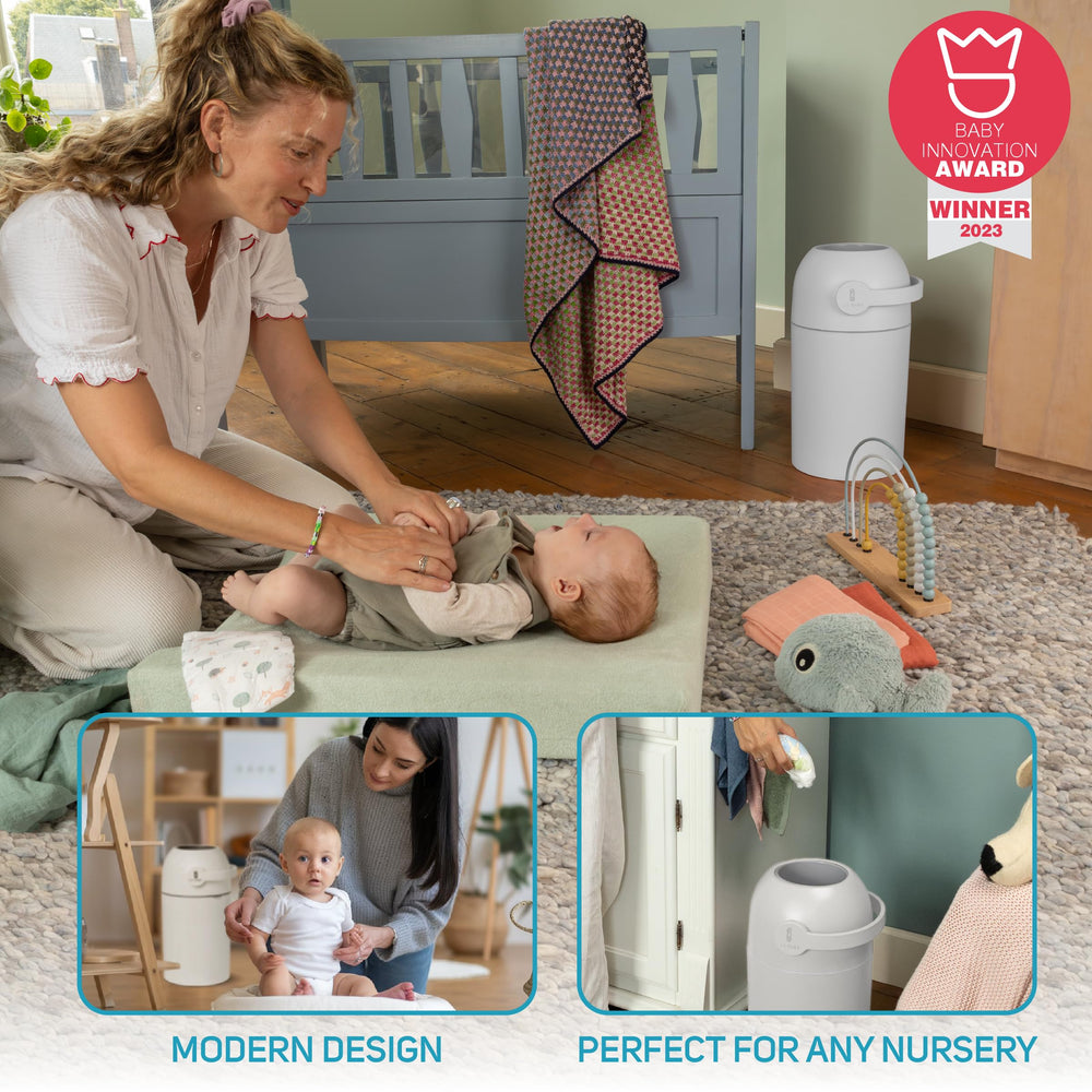 L.A. Baby Magic Diaper Pail white finish blends into nursery decor.