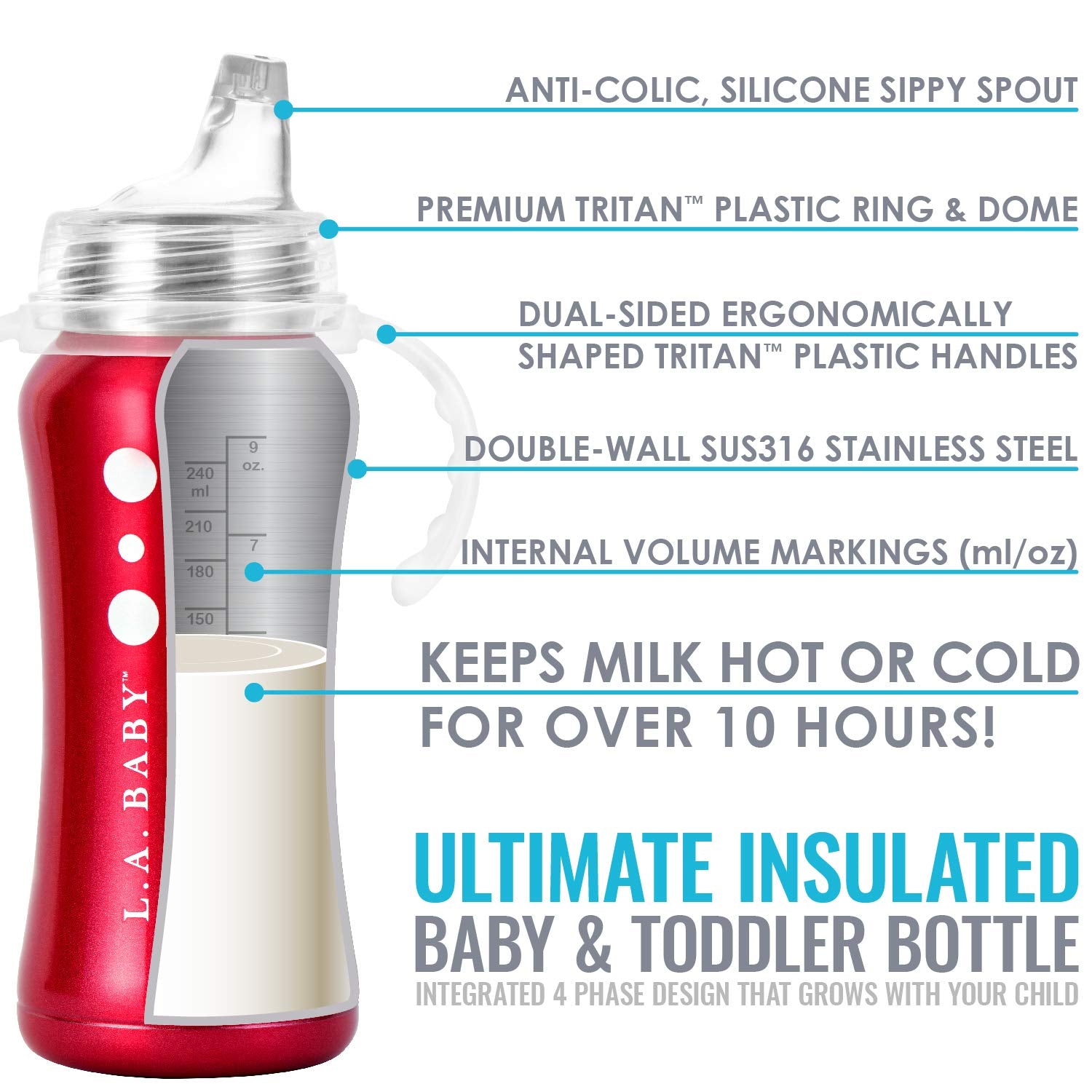 L.A. Baby stainless sippy with ergonomic handle for easy grip.