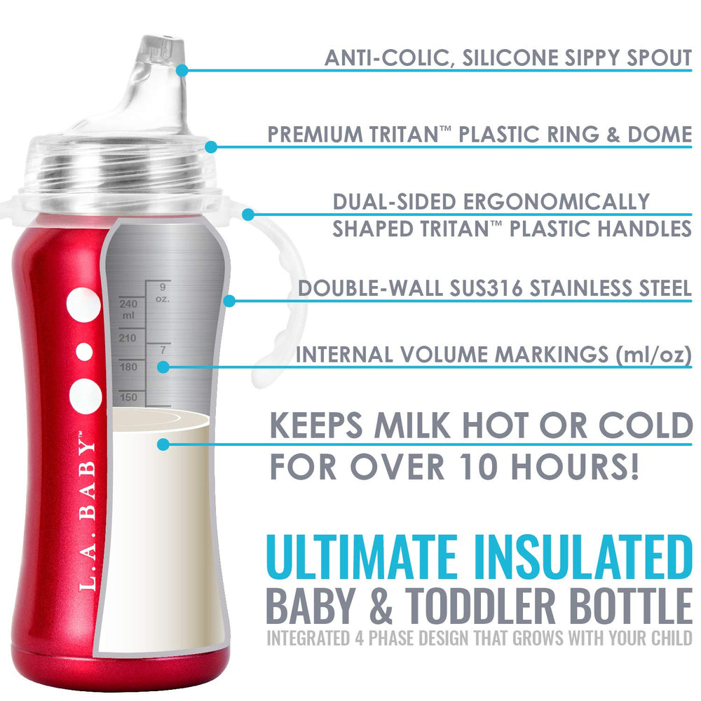 L.A. Baby stainless sippy with ergonomic handle for easy grip.