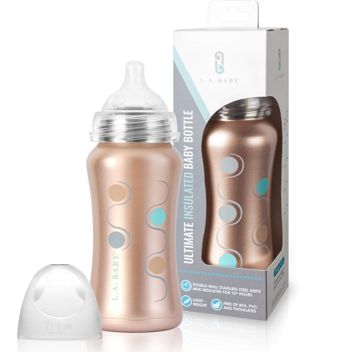L.A. Baby 9oz rose-gold bottle body is lightweight and durable for daily feeding.