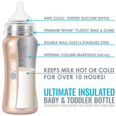 L.A. Baby rose-gold dome top seals securely to prevent leaks during travel.