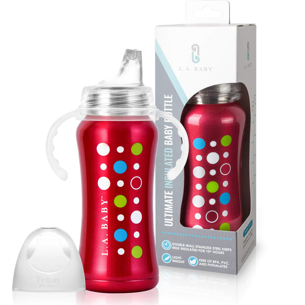 L.A. Baby ultimate stainless sippy cup in red, durable steel design.