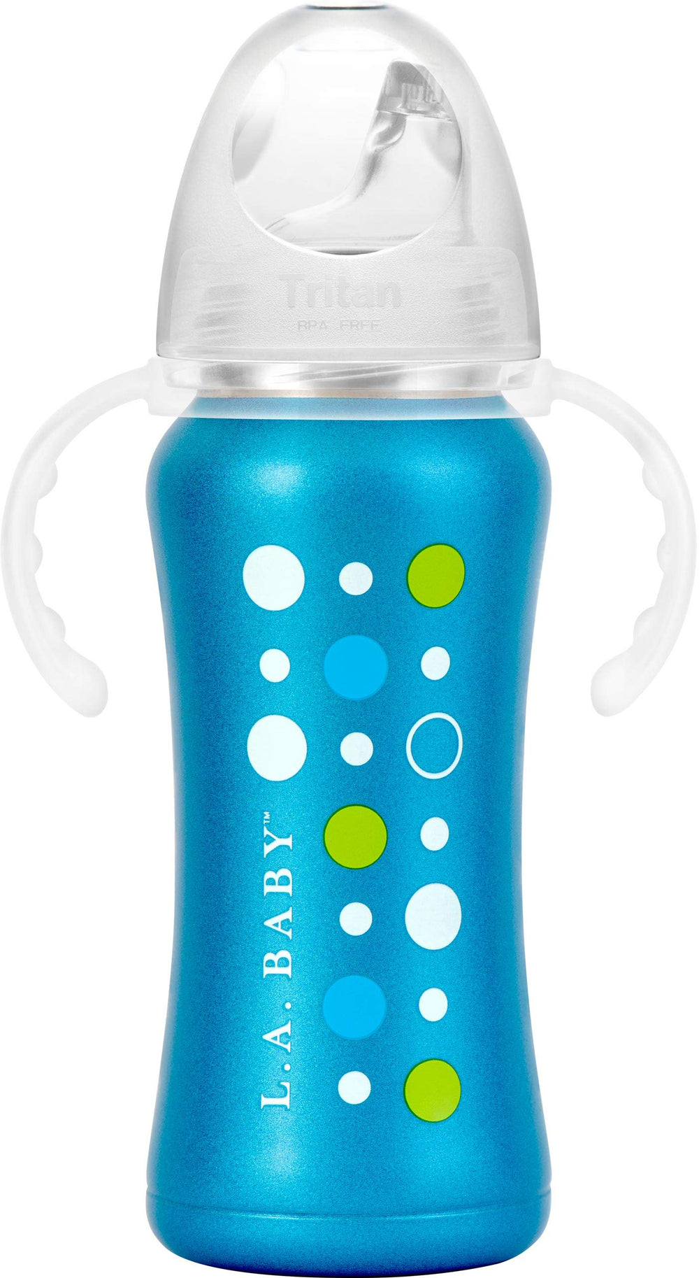 L.A. Baby Ultimate Stainless Steel Sippy Cup in-use demonstrates comfortable hold and spill-free feeding.