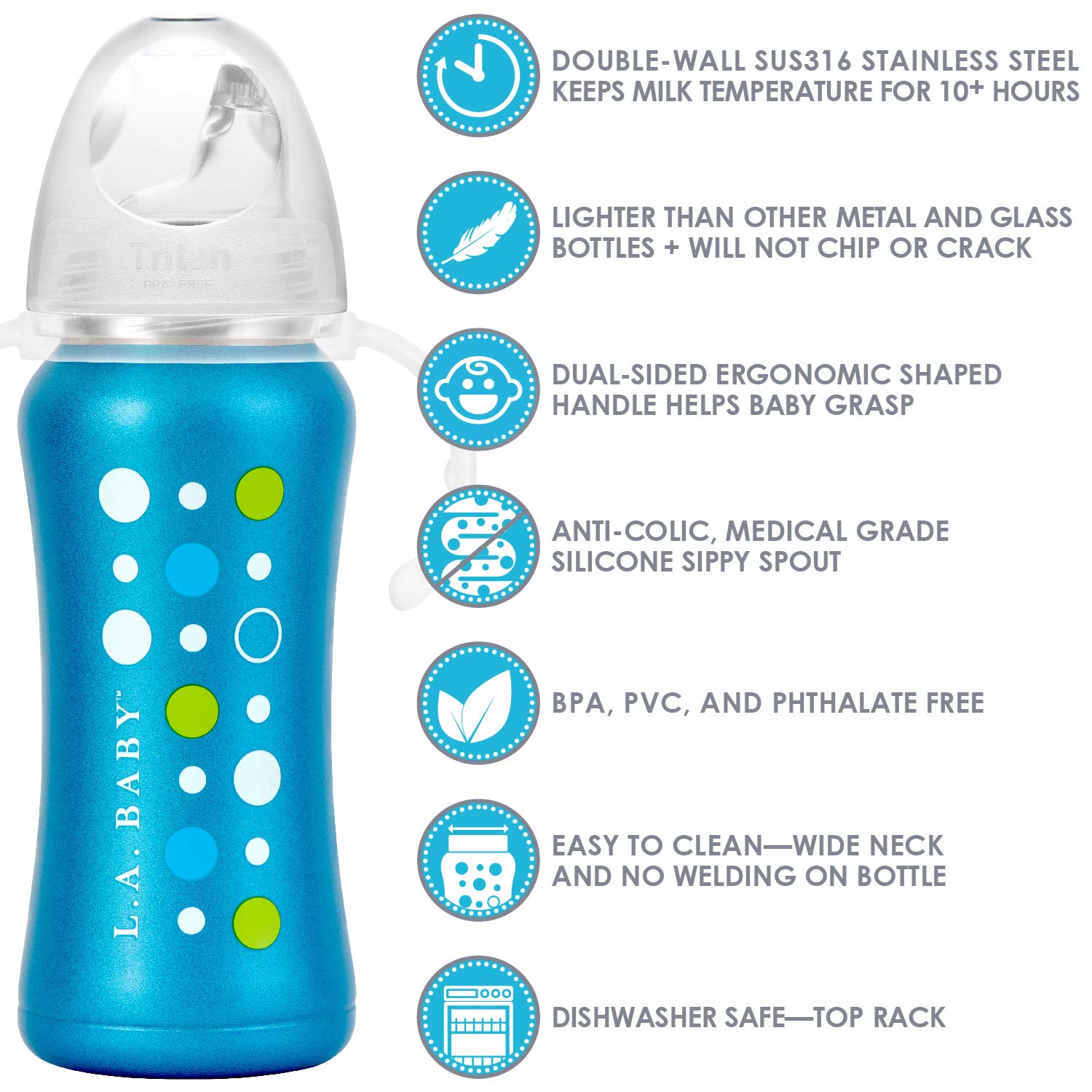L.A. Baby Ultimate Stainless Steel Sippy Cup nipple shows soft, anti-colic silicone spout.