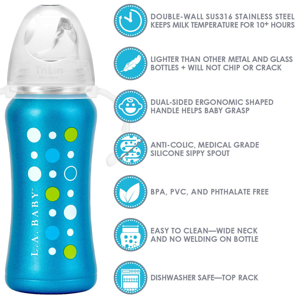 L.A. Baby Ultimate Stainless Steel Sippy Cup nipple shows soft, anti-colic silicone spout.