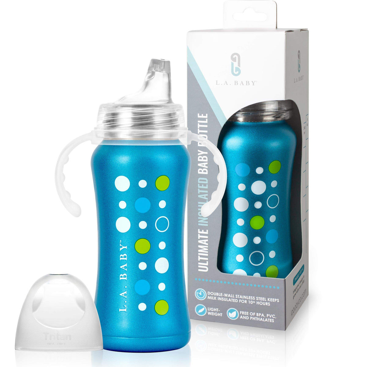 L.A. Baby Ultimate Stainless Steel Sippy Cup side view highlights lightweight, durable construction for toddlers.