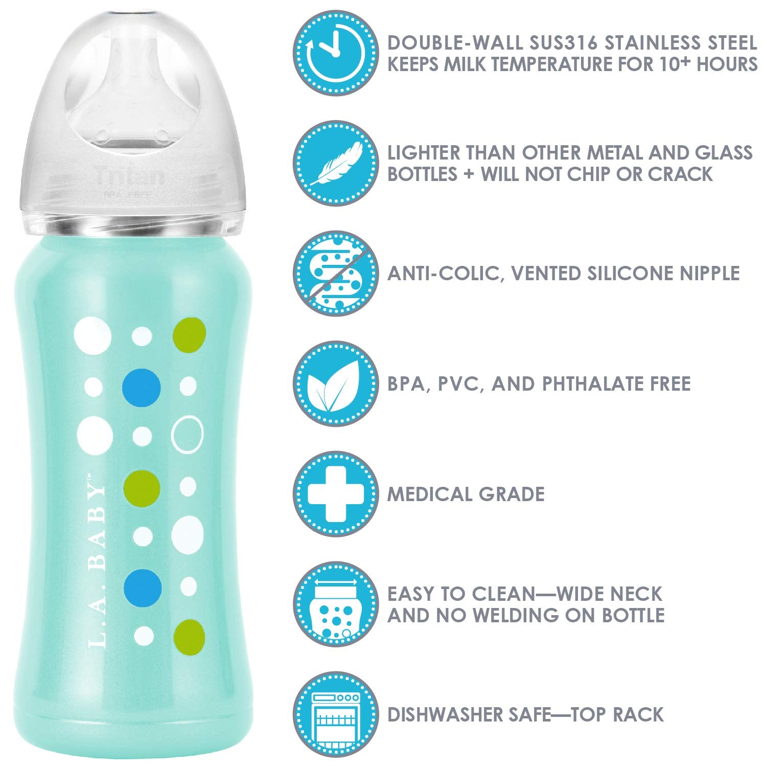 Wide-neck insulated bottle being filled, highlighting easy cleaning and filling