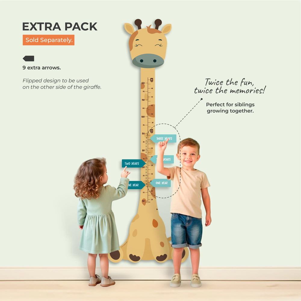 Growth chart displayed in a kid's room pairs with giraffe motif and memory keepsakes.