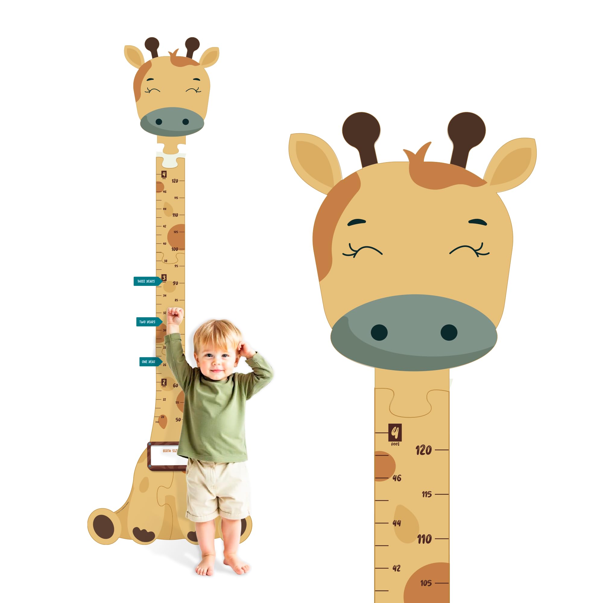 La Bonne Voisine Matilda Giraffe growth chart on wall with charming nursery decor and height markers.