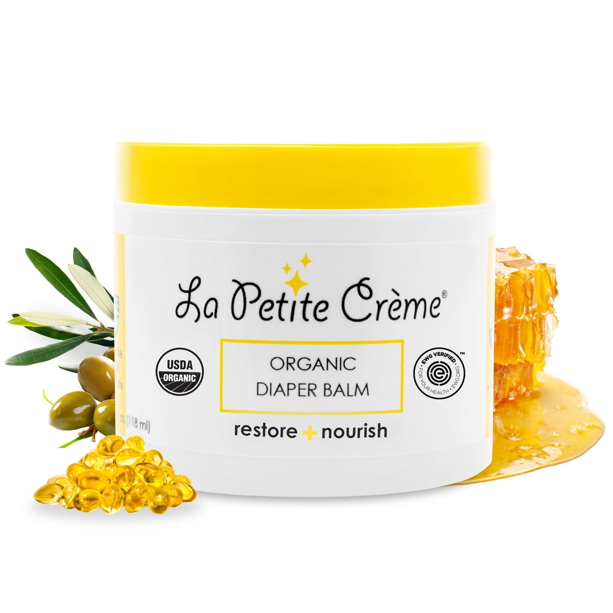 La Petite Creme diaper balm bottle shows a gentle organic formula for soothing baby skin.