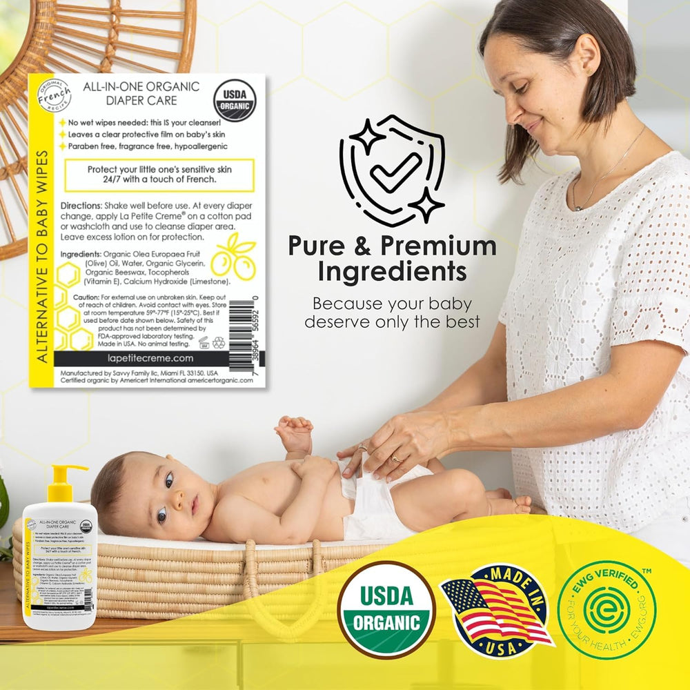 La Petite Creme diaper-change scene shows supportive, gentle skin care routines.