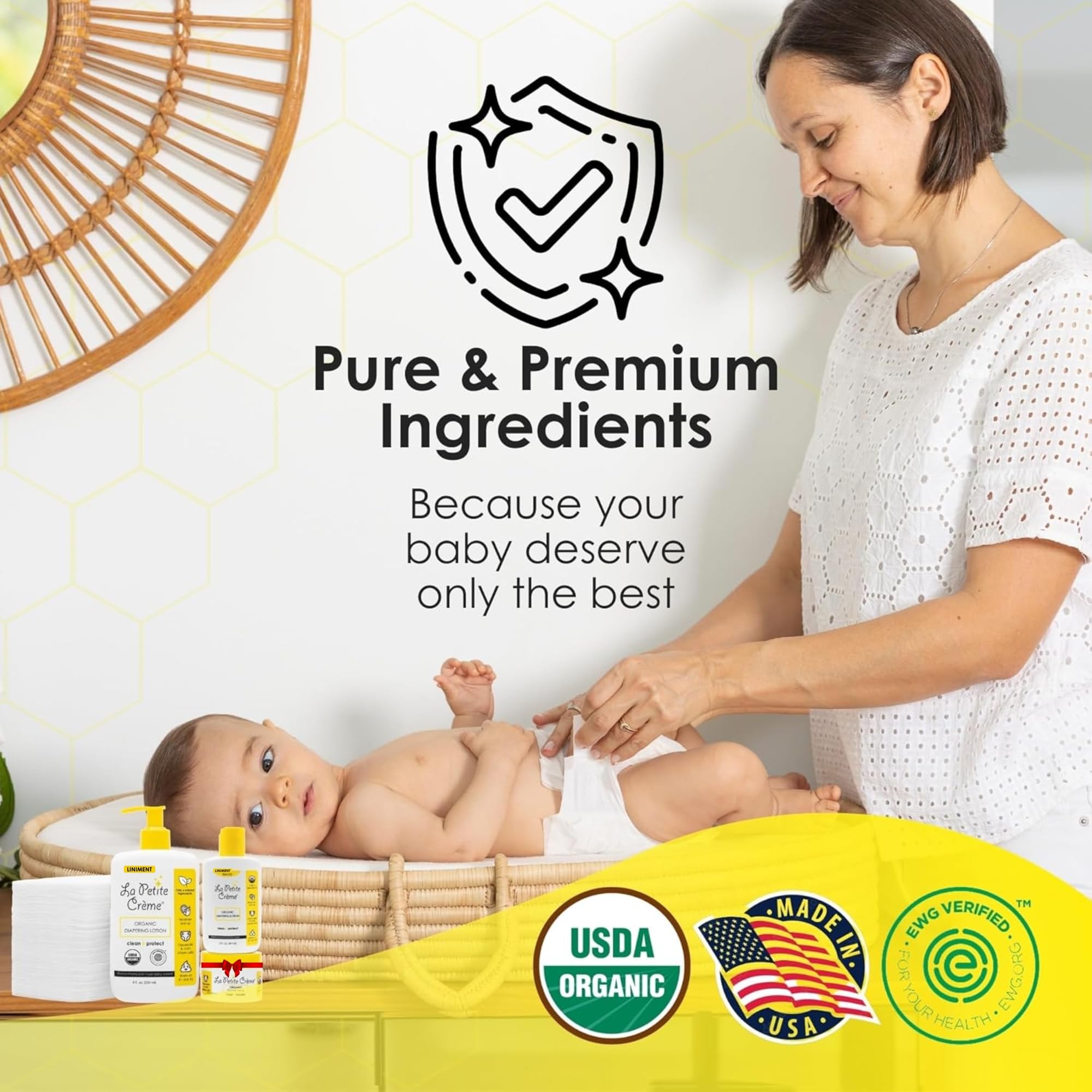 No-wipe diaper routine visual suggests residue-free cleansing with balm and lotion.