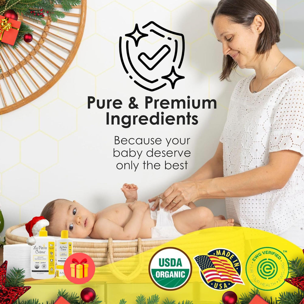 La Petite Creme organic diapering lotion 8oz bottle highlights clean, gentle baby care.