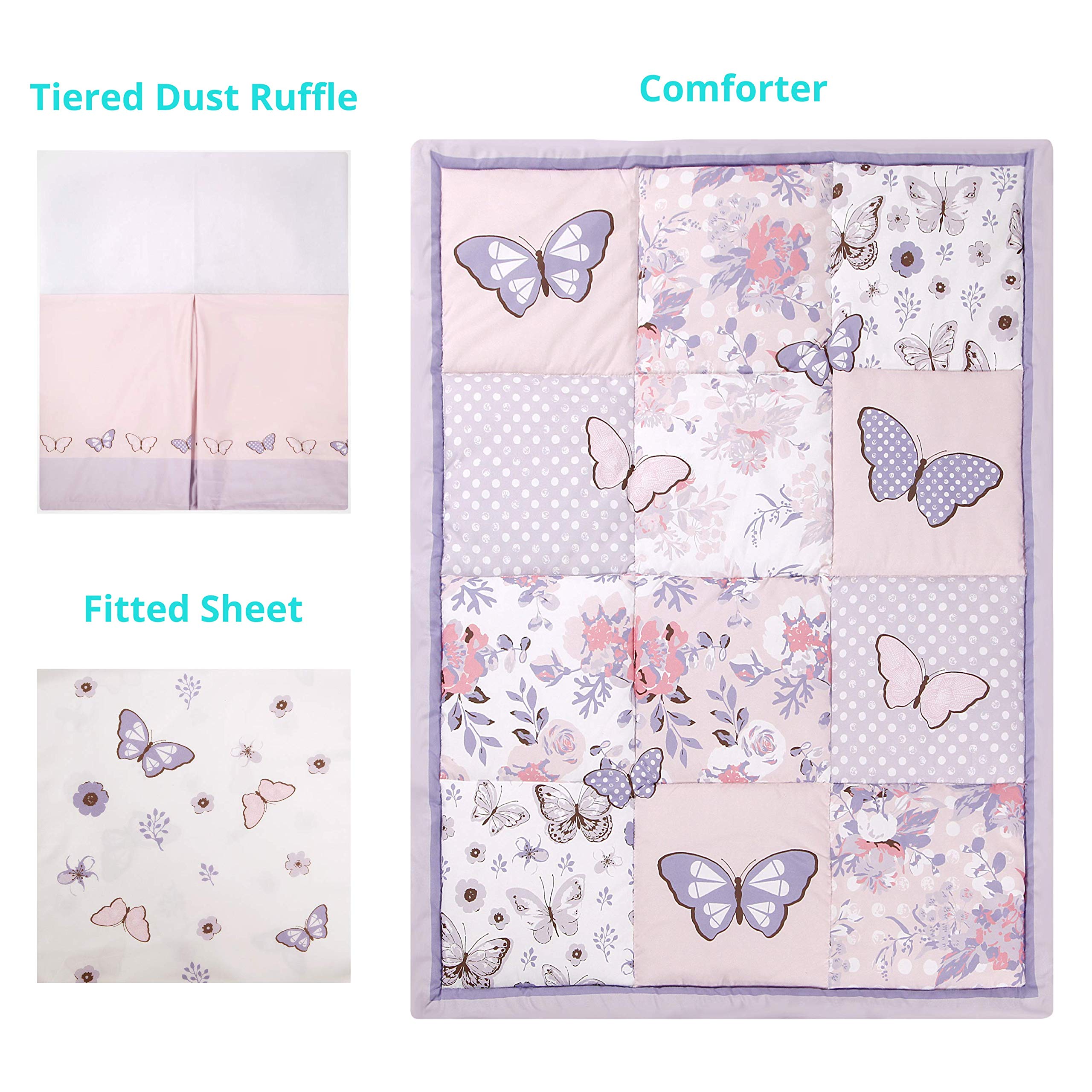 La Premura dust ruffle skirt adds a finished lilac touch and tidy crib edges.