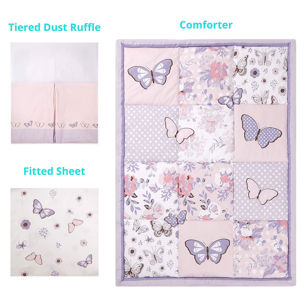 La Premura dust ruffle skirt adds a finished lilac touch and tidy crib edges.