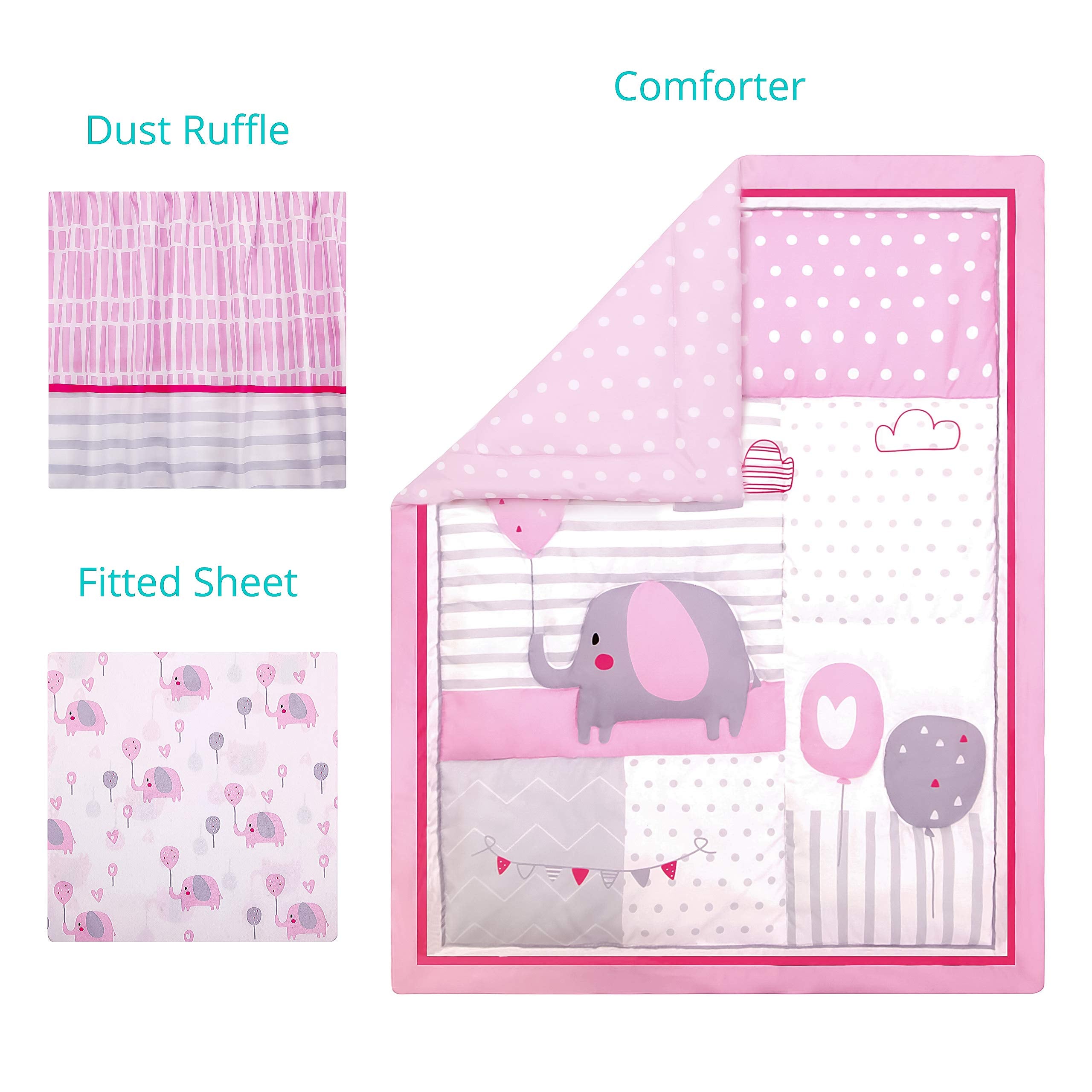 La Premura pink elephant balloons crib quilt provides dual looks with reversible patchwork.